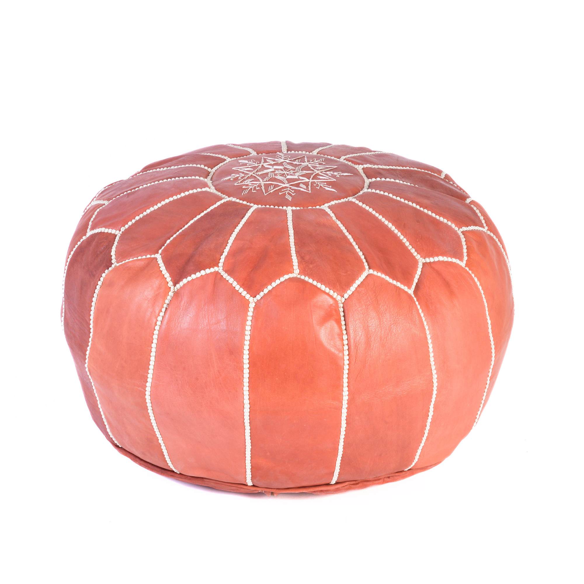 Hand-stitched Embroidery Genuine Leather Ottoman Pouf - Almond Brown