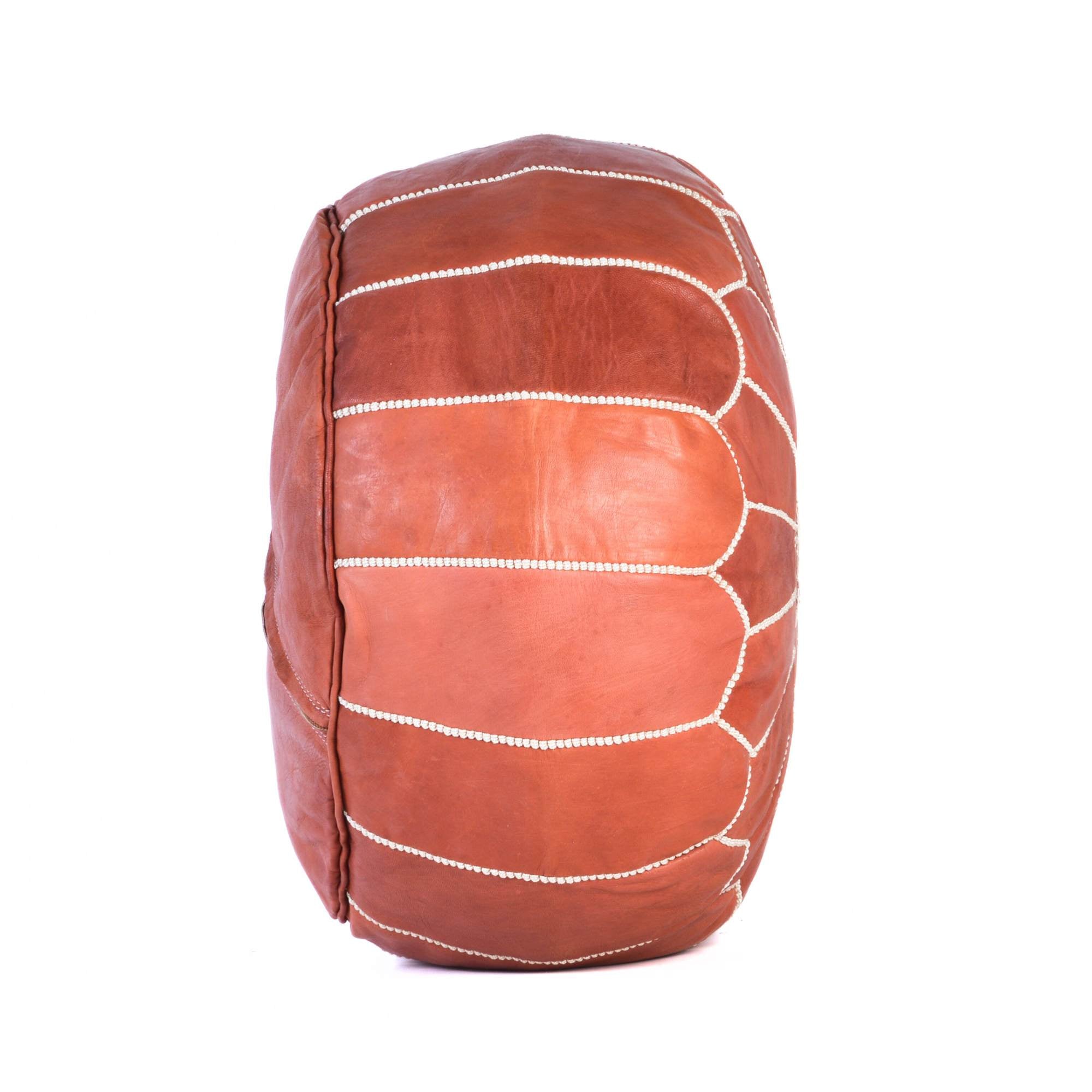 Hand-stitched Embroidery Genuine Leather Ottoman Pouf - Almond Brown