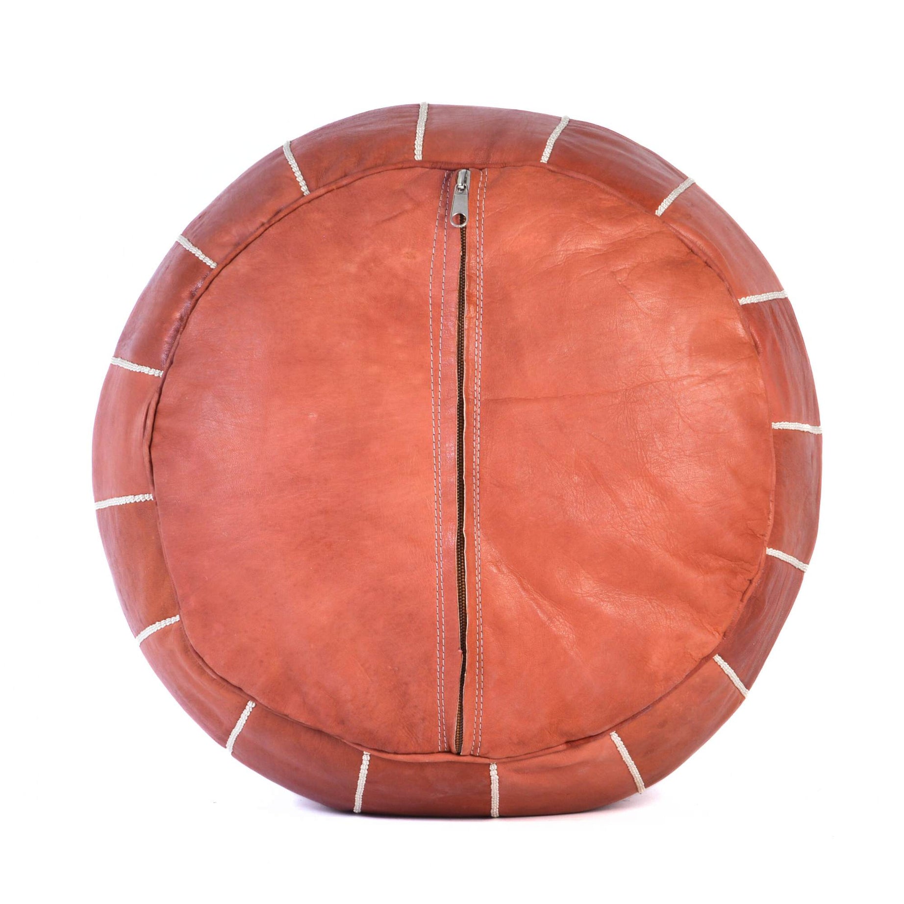 Hand-stitched Embroidery Genuine Leather Ottoman Pouf - Almond Brown