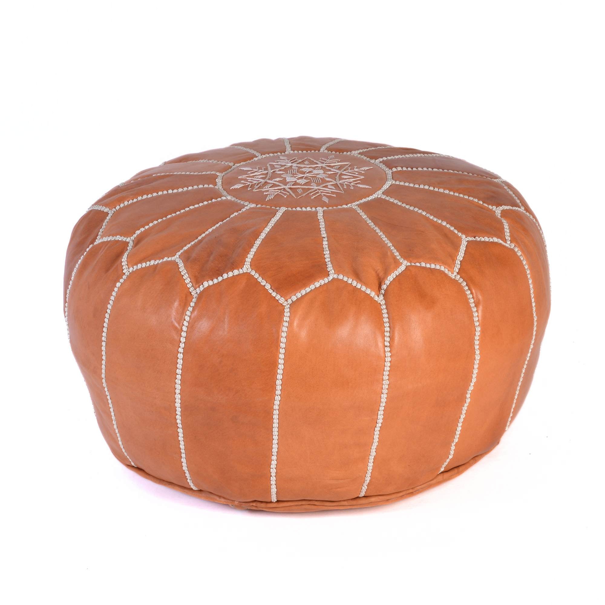 Hand-stitched Embroidery Genuine Leather Ottoman Pouf - Cognac
