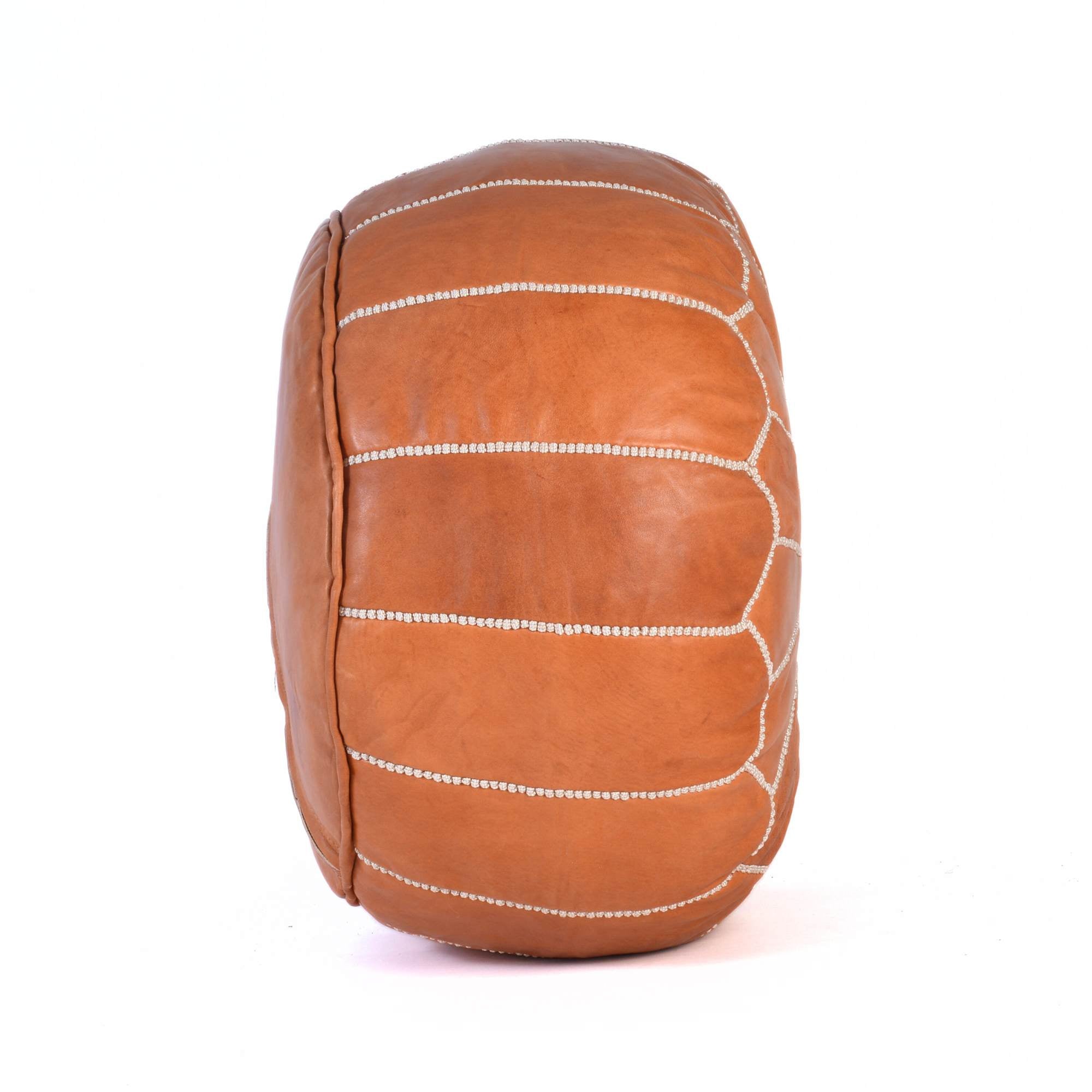 Hand-stitched Embroidery Genuine Leather Ottoman Pouf - Cognac