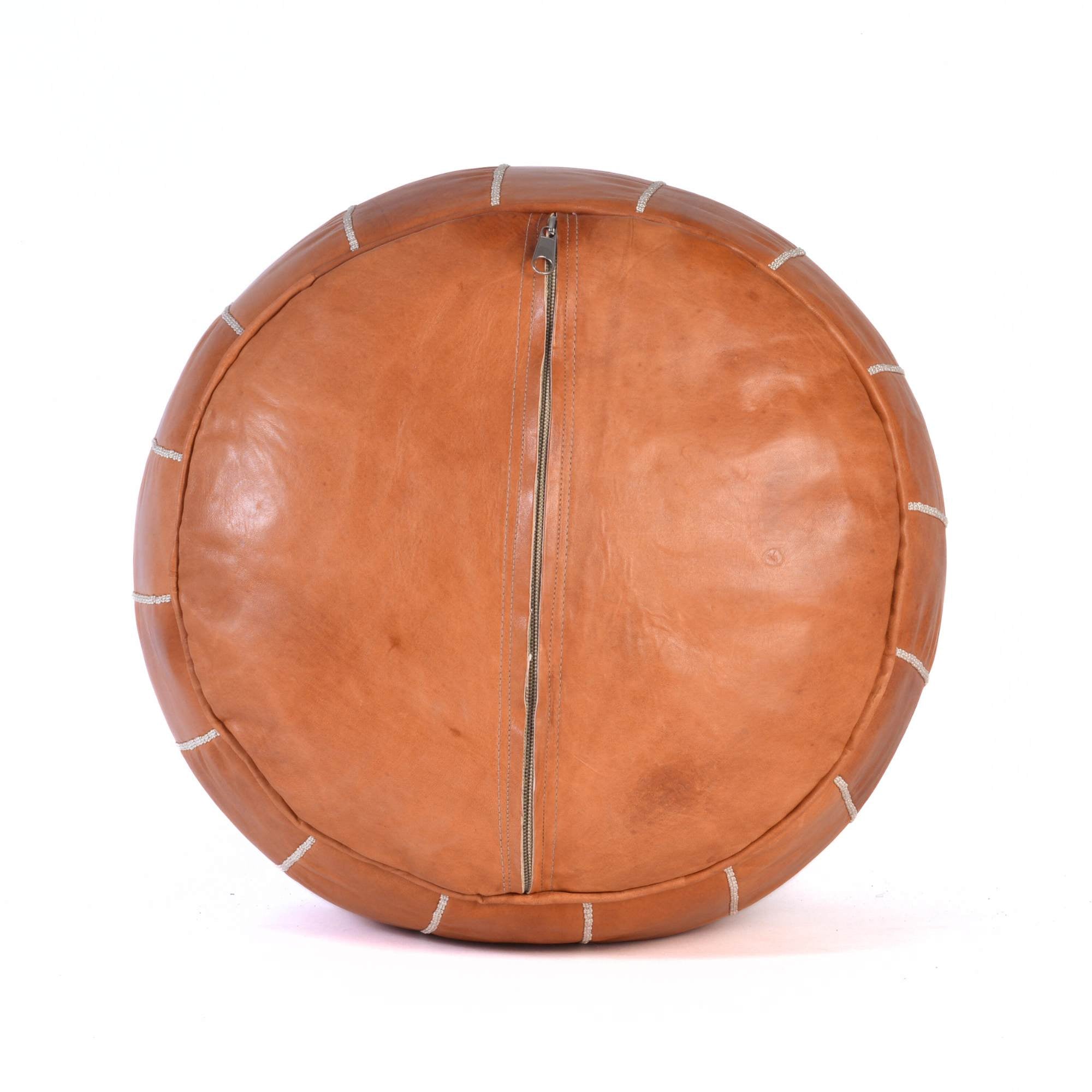 Hand-stitched Embroidery Genuine Leather Ottoman Pouf - Cognac