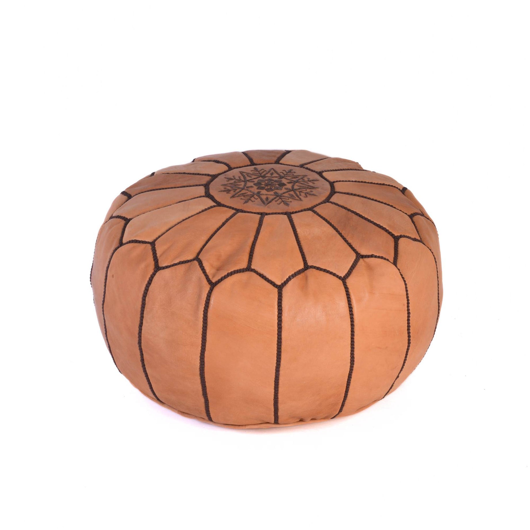Hand-stitched Embroidery Genuine Leather Ottoman Pouf - Cognac Brown