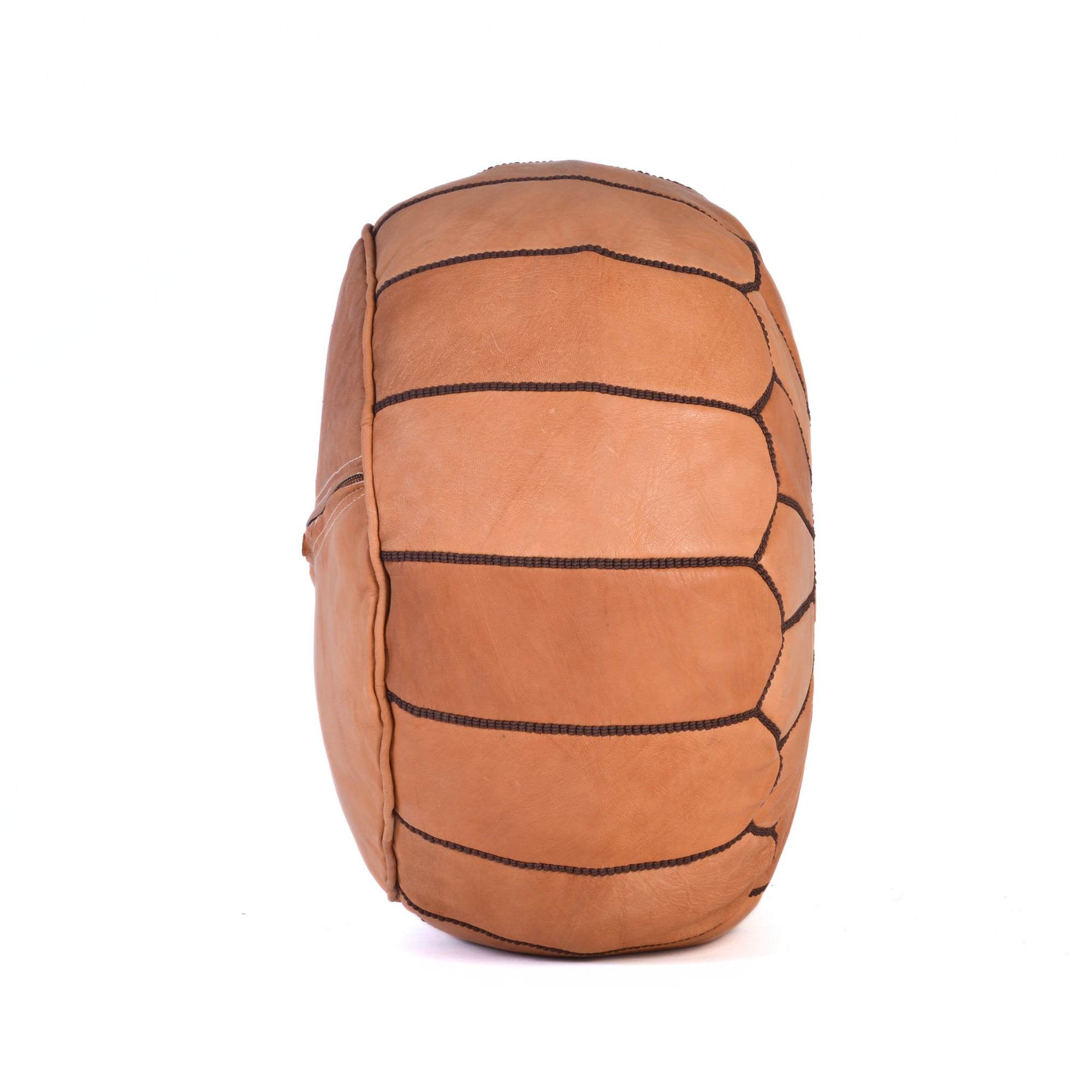 Hand-stitched Embroidery Genuine Leather Ottoman Pouf - Cognac Brown