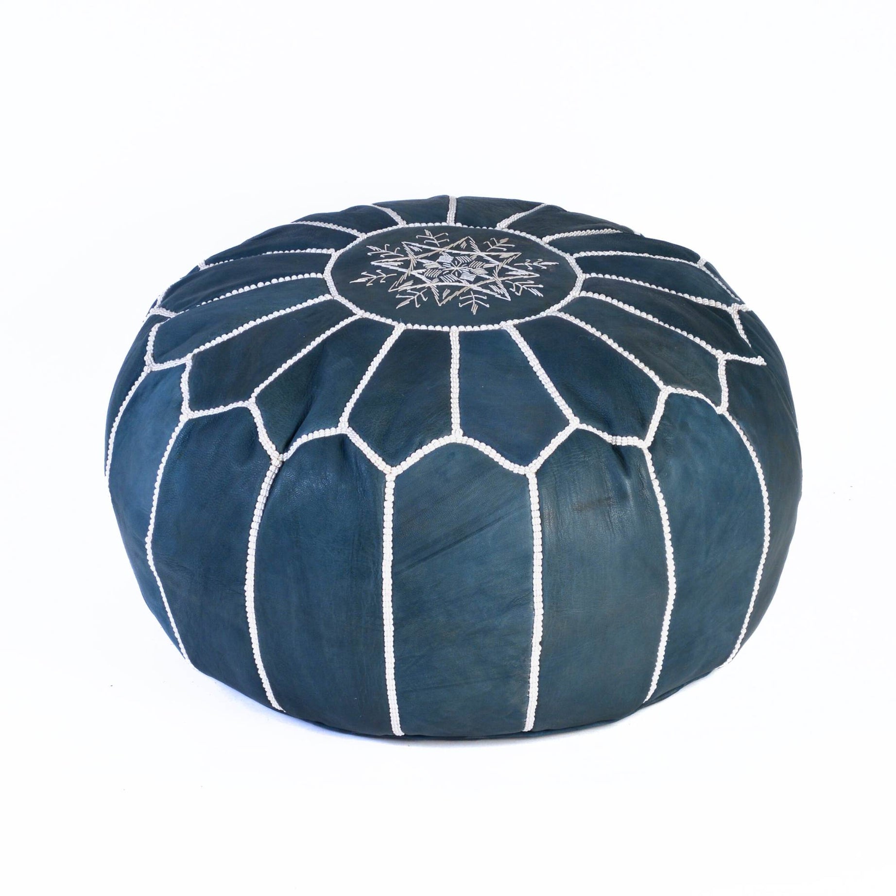 Hand-stitched Embroidery Genuine Leather Ottoman Pouf - Dark Blue