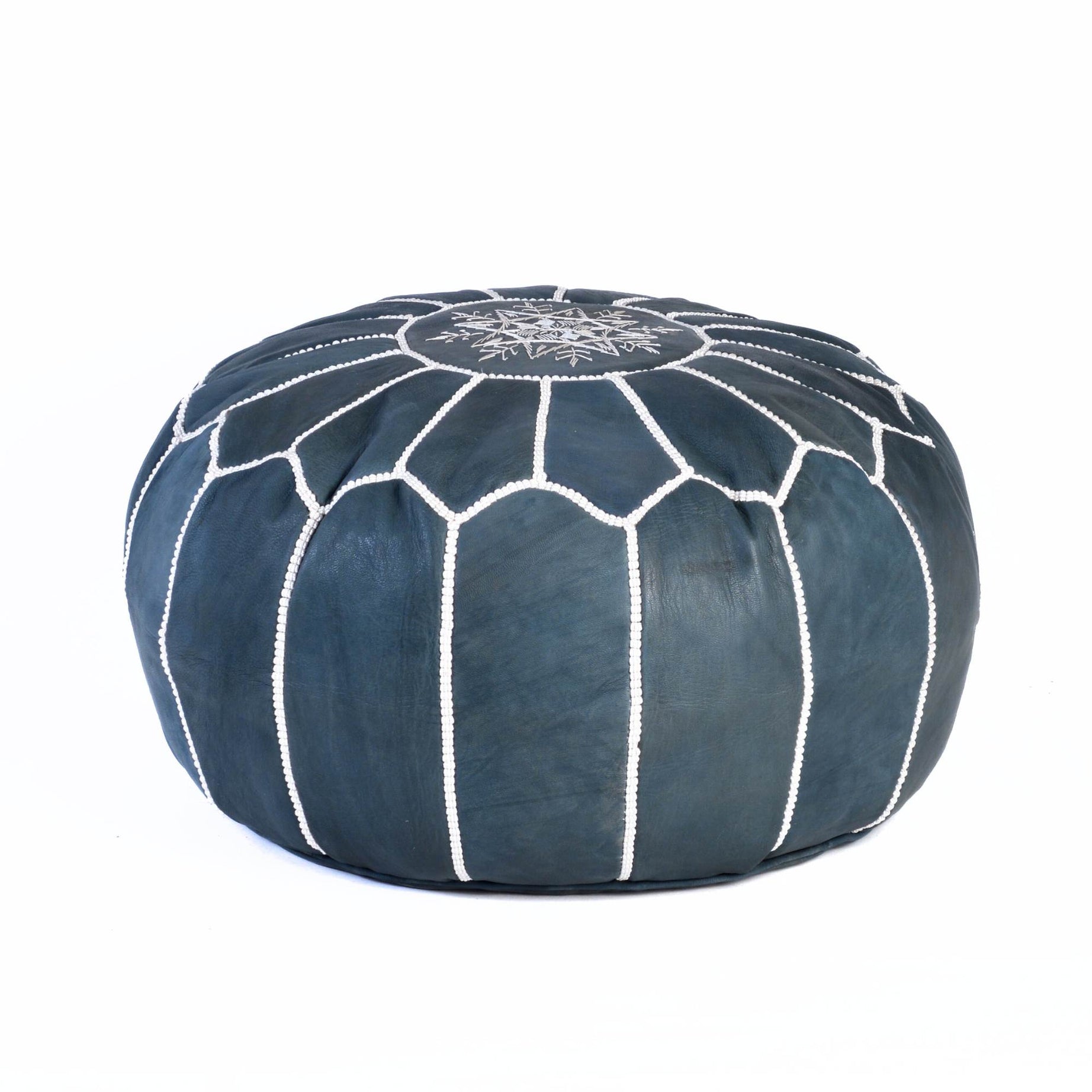 Hand-stitched Embroidery Genuine Leather Ottoman Pouf - Dark Blue
