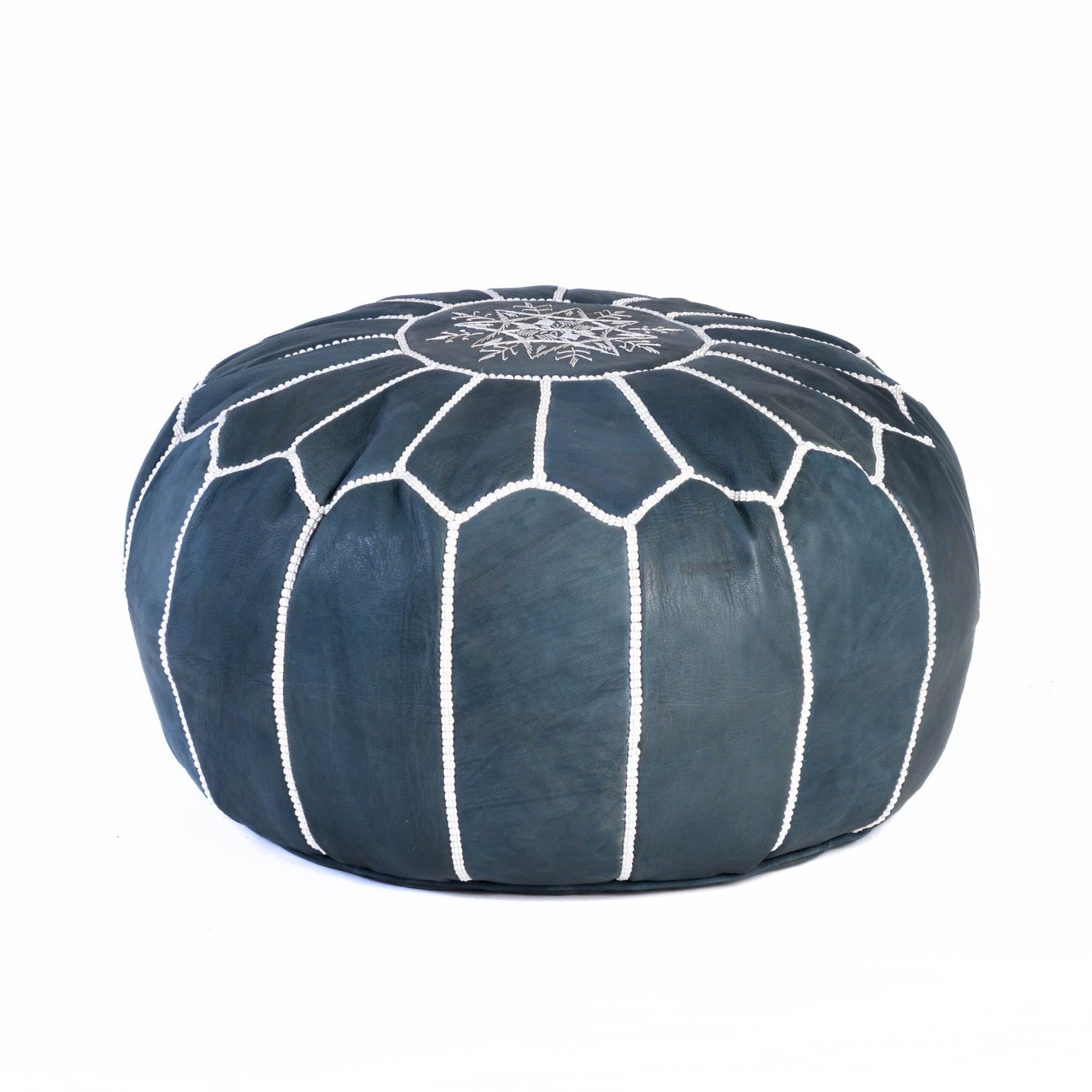 Hand-stitched Embroidery Genuine Leather Ottoman Pouf - Dark Blue