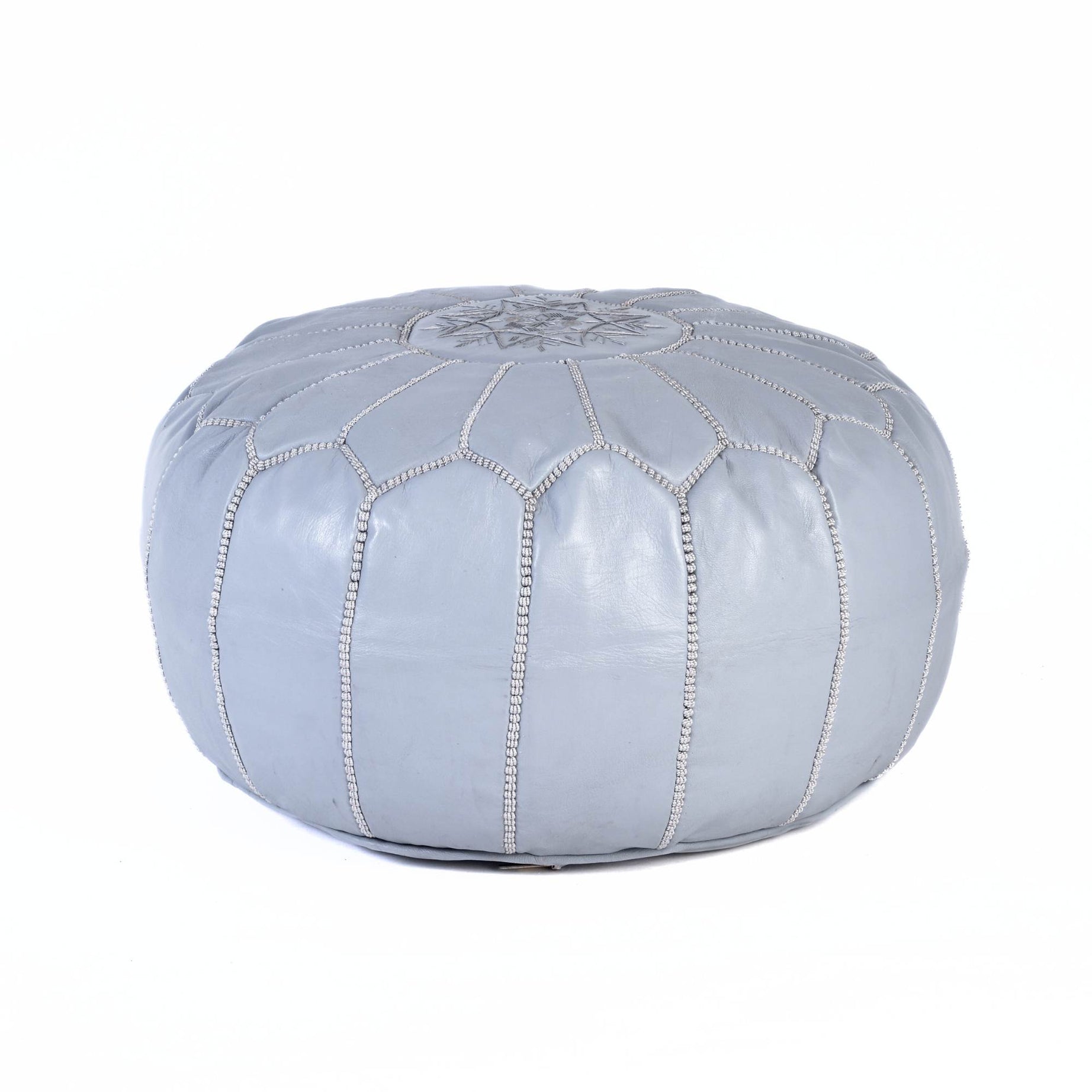 Hand-stitched Embroidery Genuine Leather Ottoman Pouf - Light Gray