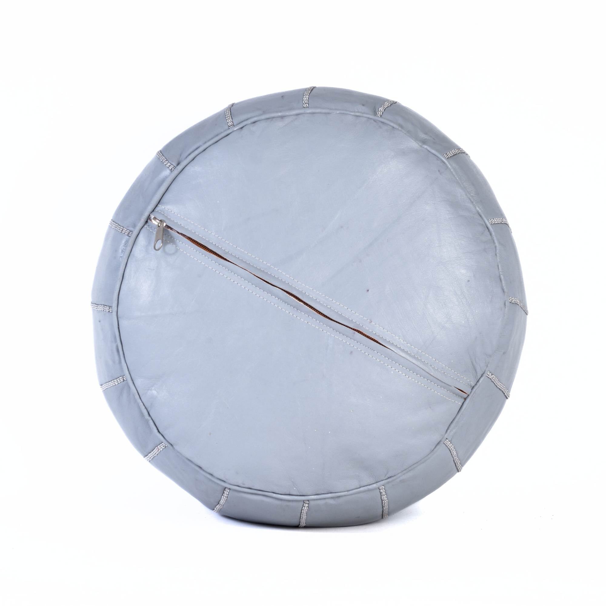Hand-stitched Embroidery Genuine Leather Ottoman Pouf - Light Gray