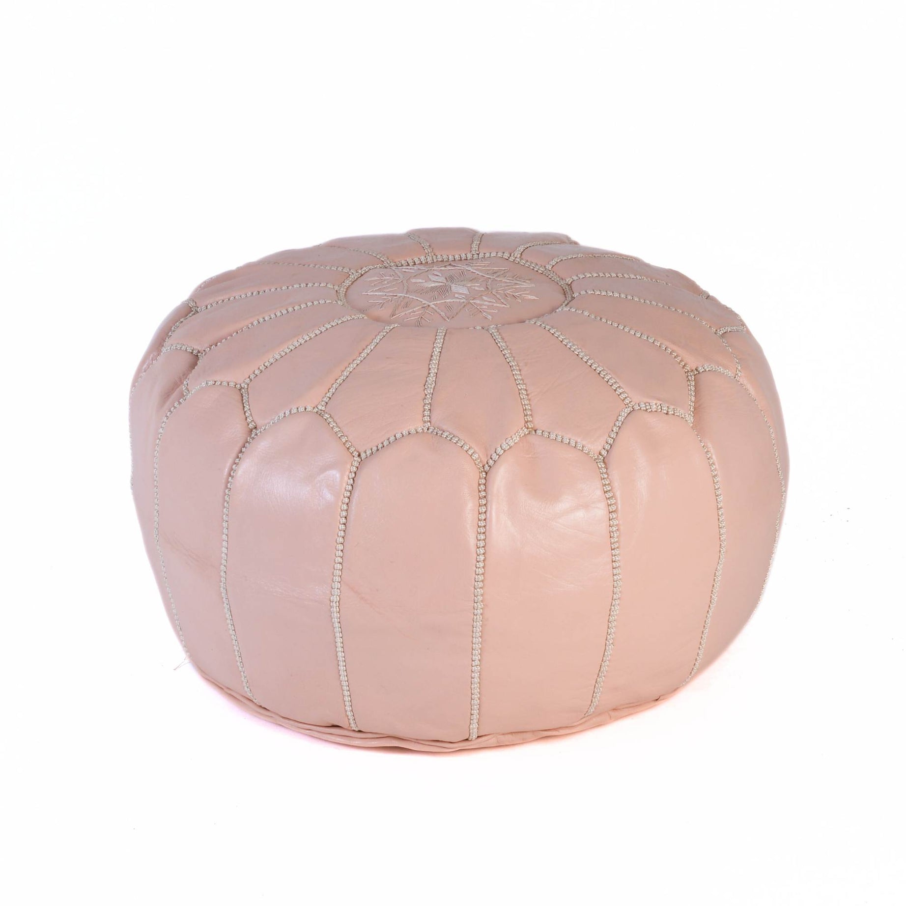 Hand-stitched Embroidery Genuine Leather Ottoman Pouf - Light Pink