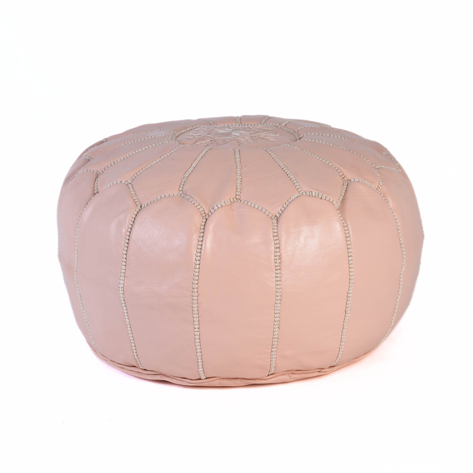 Hand-stitched Embroidery Genuine Leather Ottoman Pouf - Light Pink