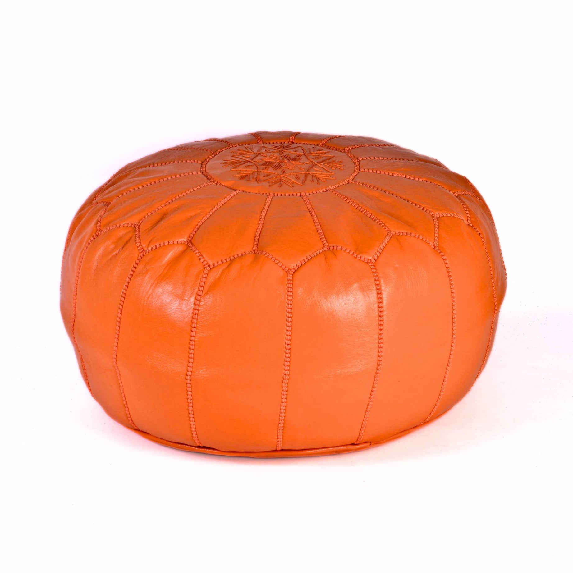 Hand-stitched Embroidery Genuine Leather Ottoman Pouf - Orange