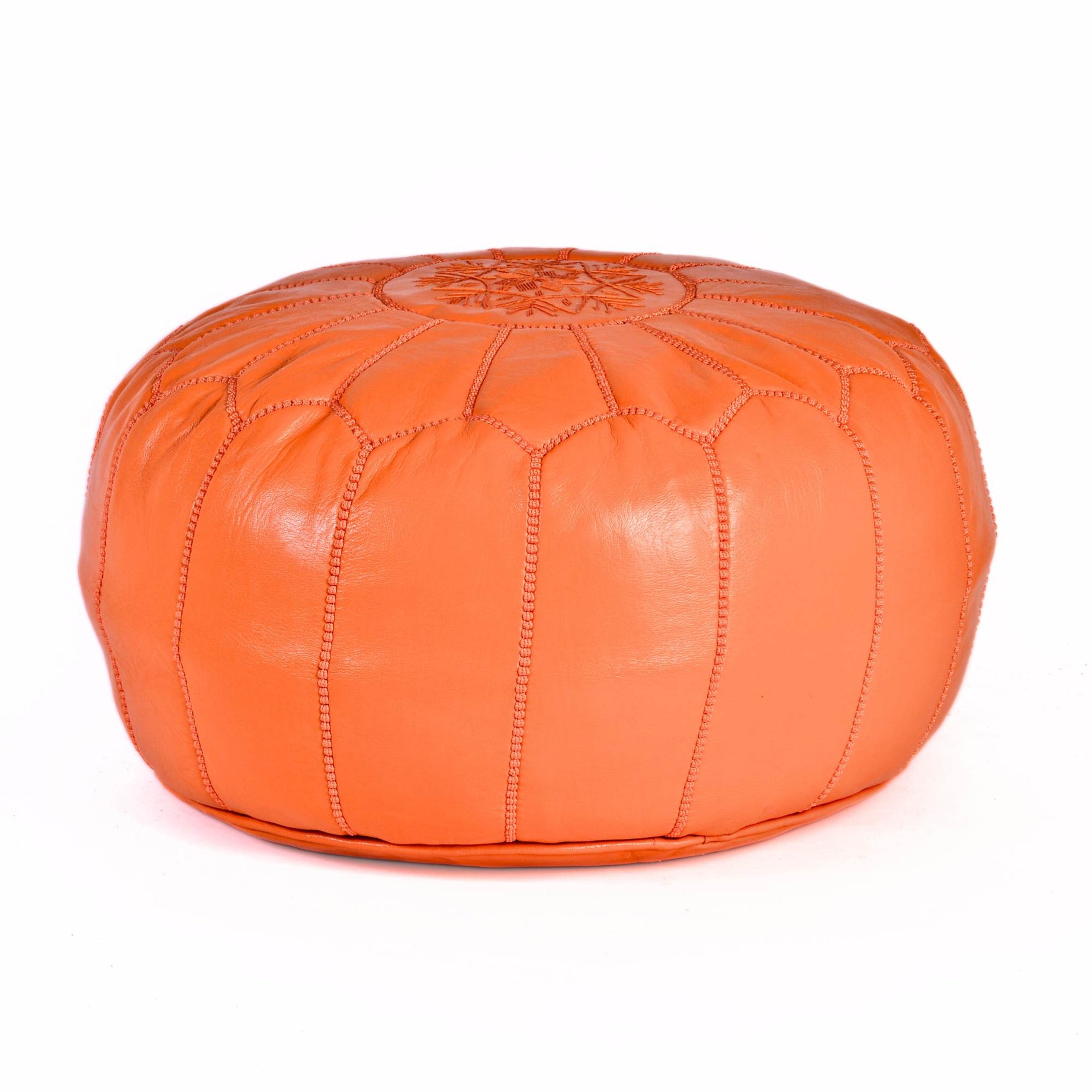 Hand-stitched Embroidery Genuine Leather Ottoman Pouf - Orange