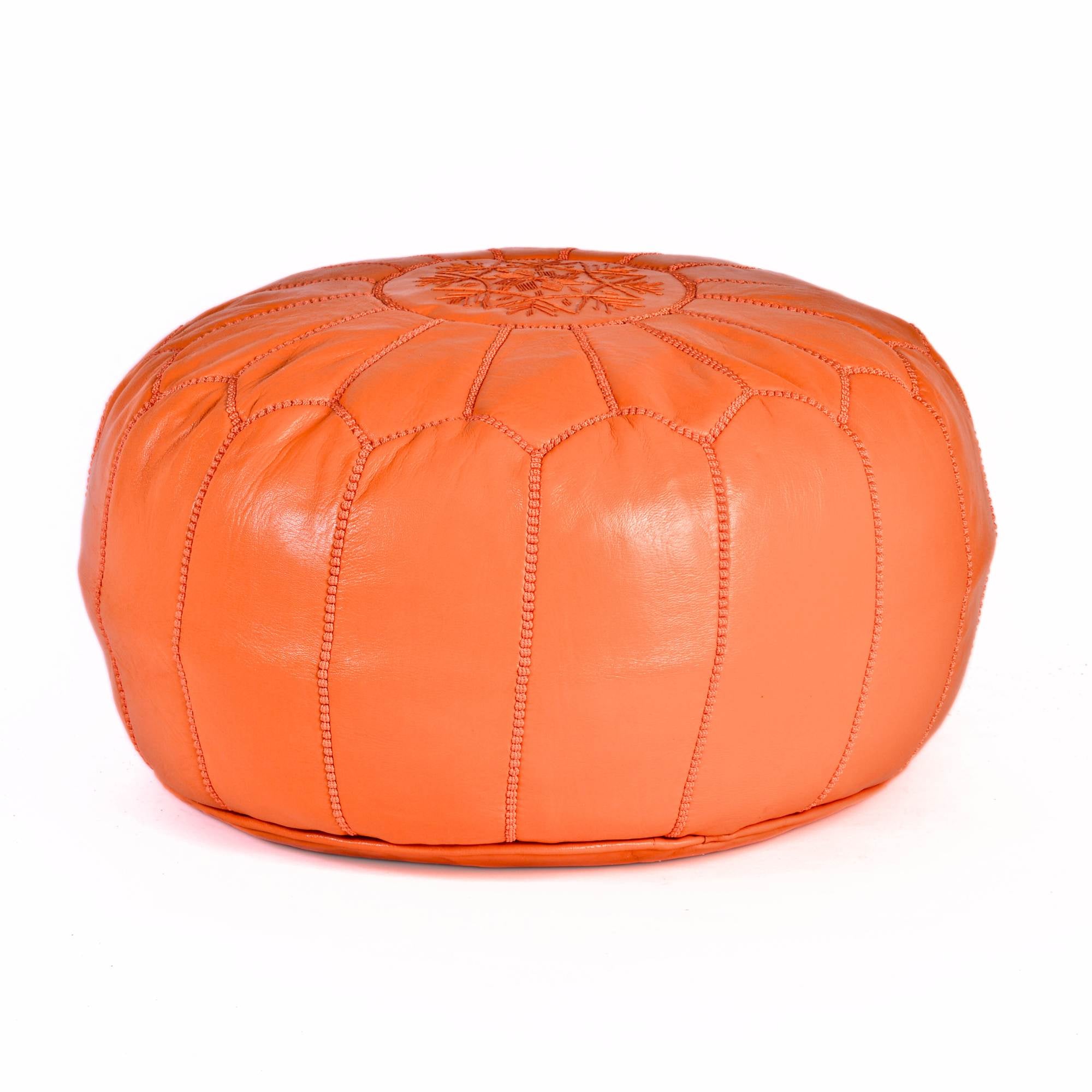 Hand-stitched Embroidery Genuine Leather Ottoman Pouf - Orange