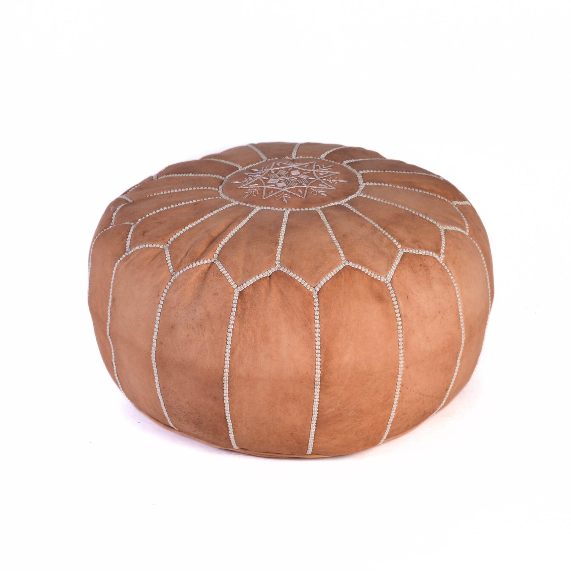 Hand-stitched Embroidery Genuine Leather Ottoman Pouf - Tan Brown