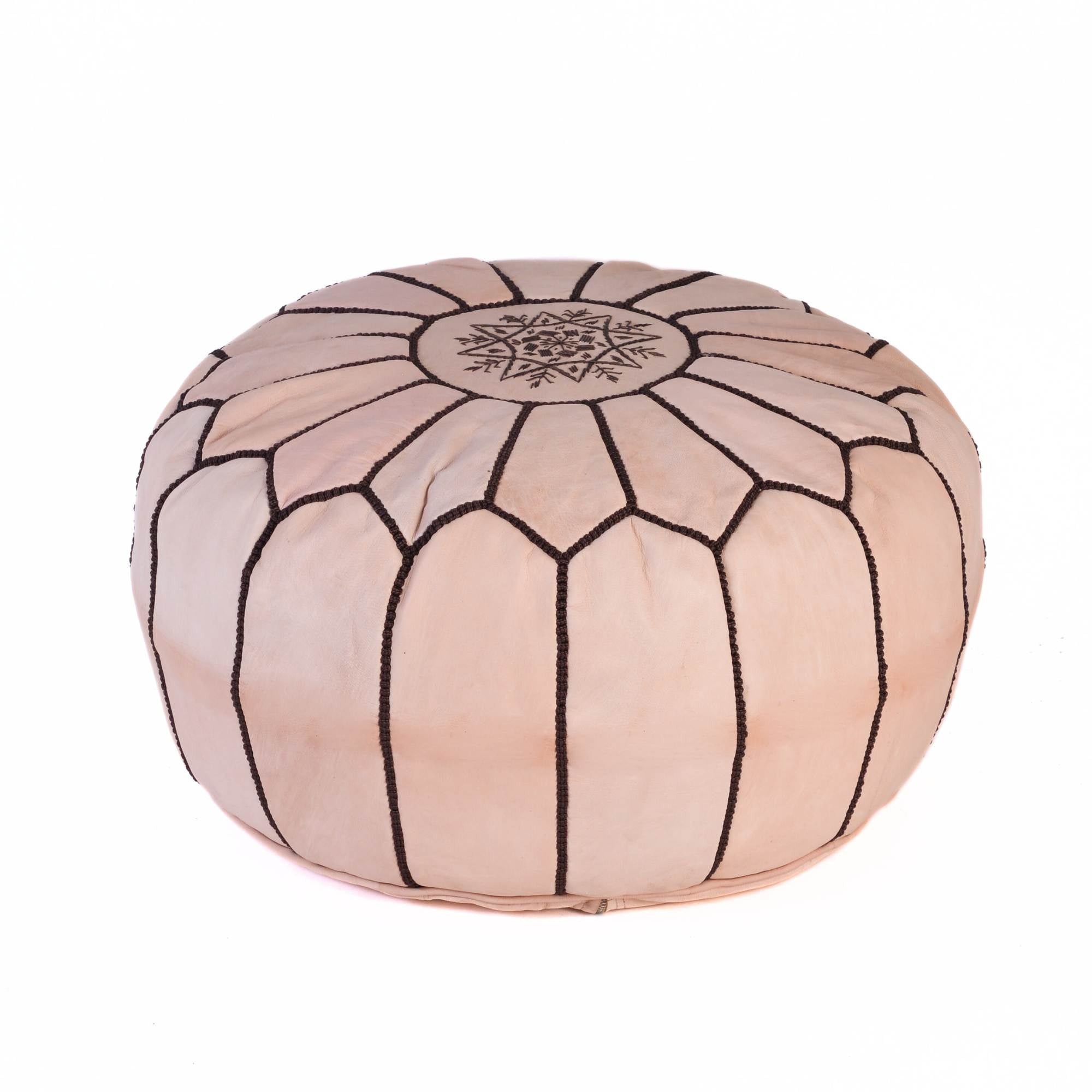 Hand-stitched Embroidery Genuine Leather Ottoman Pouf - Tan Natural