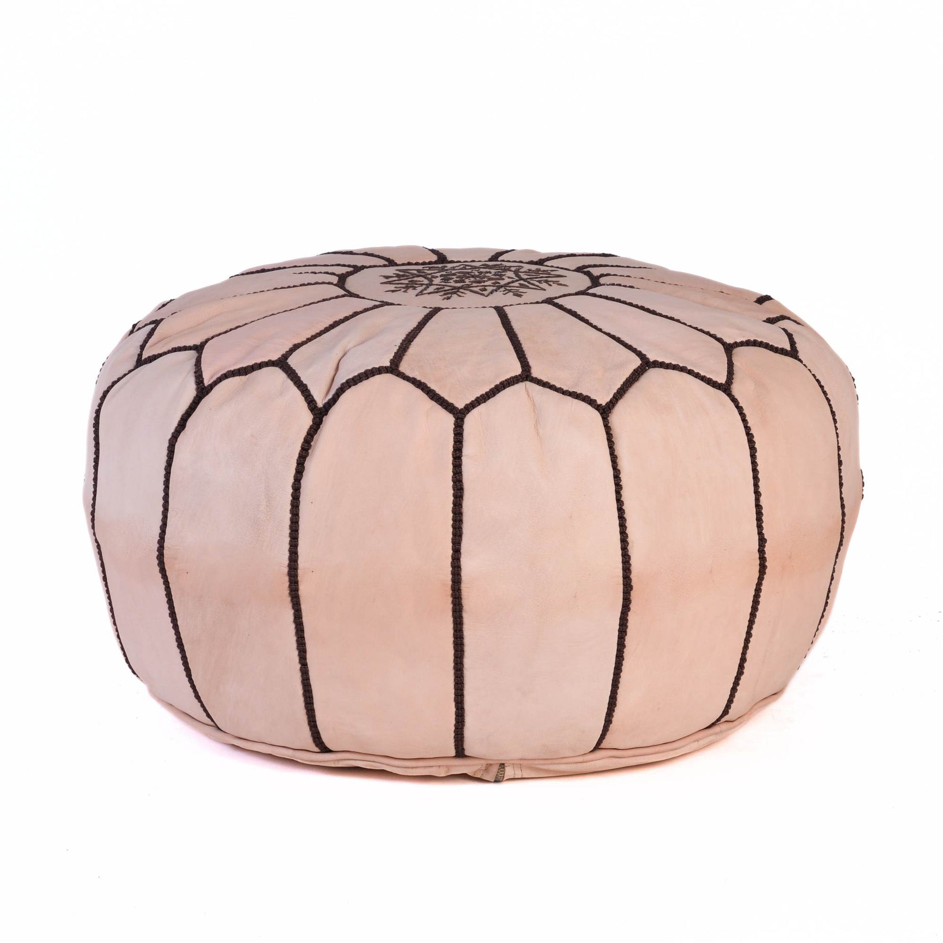 Hand-stitched Embroidery Genuine Leather Ottoman Pouf - Tan Natural
