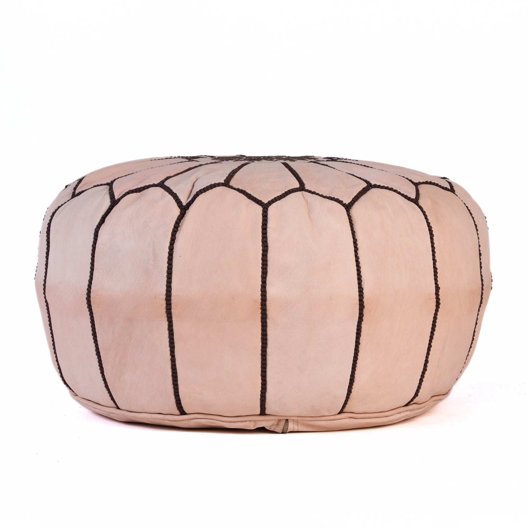Hand-stitched Embroidery Genuine Leather Ottoman Pouf - Tan Natural