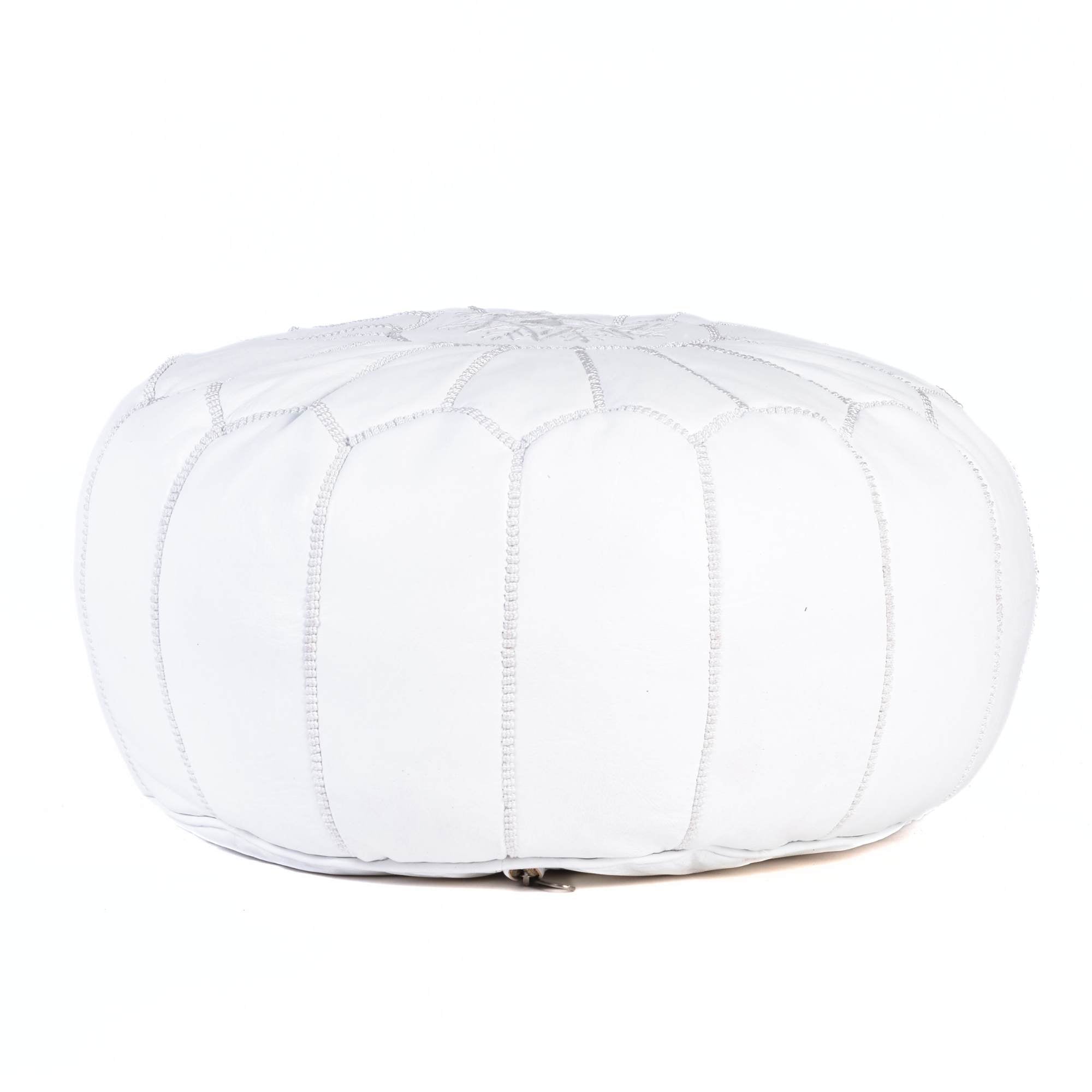 Hand-stitched Embroidery Genuine Leather Ottoman Pouf - White