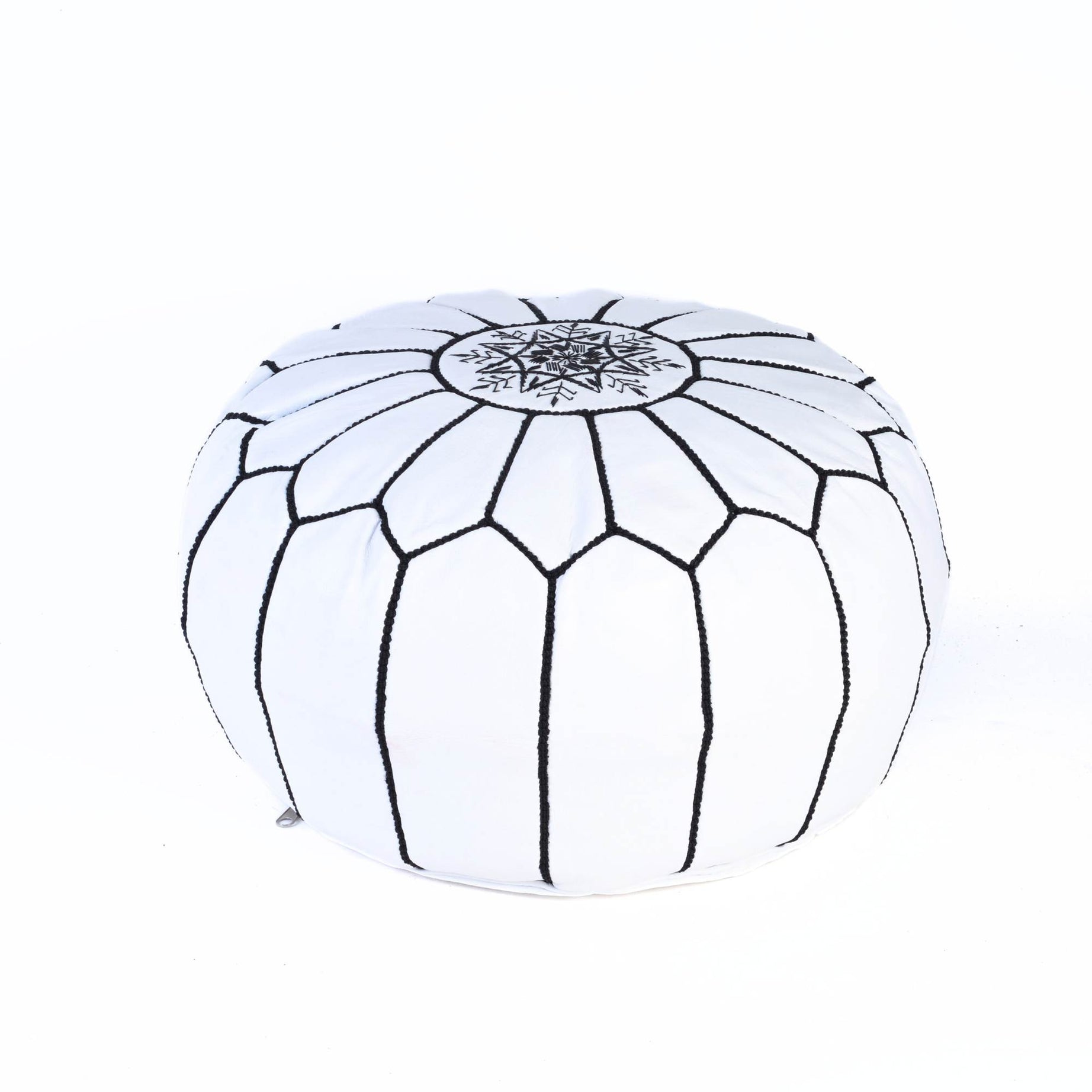 Hand-stitched Embroidery Genuine Leather Ottoman Pouf - White Black