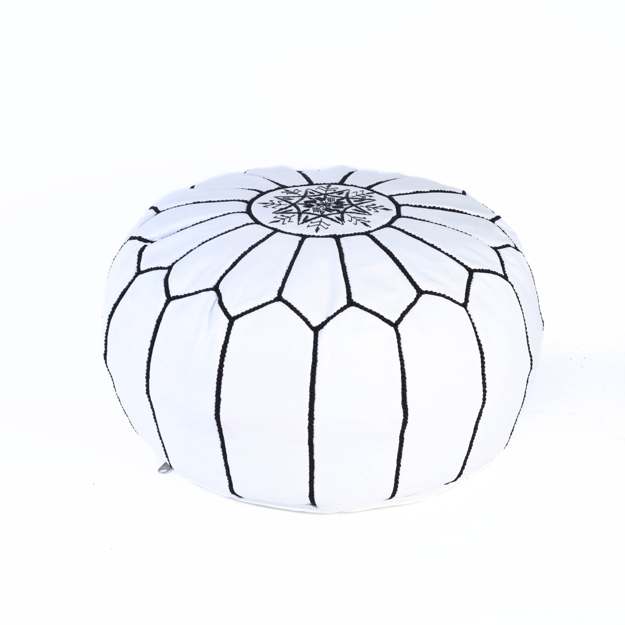 Hand-stitched Embroidery Genuine Leather Ottoman Pouf - White Black