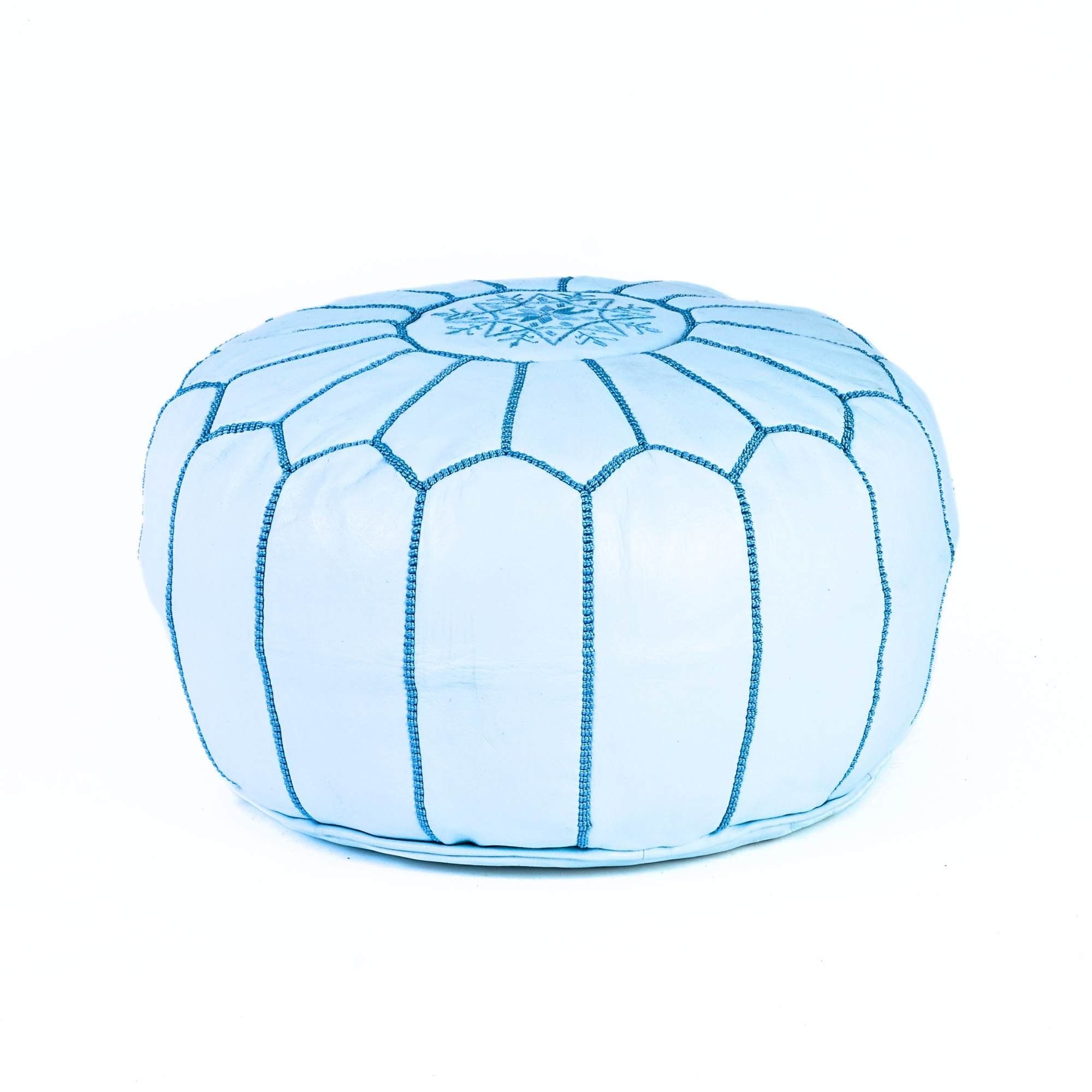 Hand-stitched Embroidery Genuine Leather Ottoman Pouf - White Turqoise