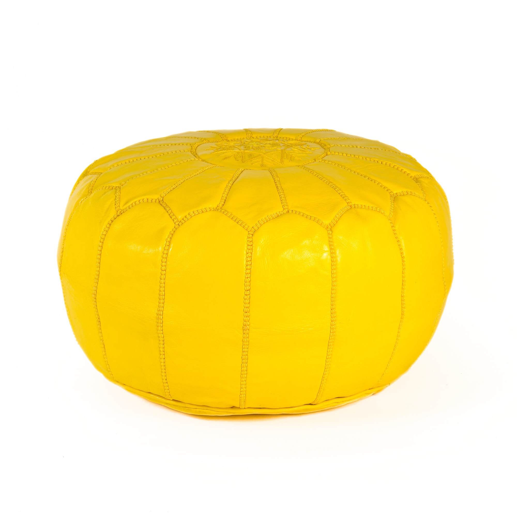 Hand-stitched Embroidery Genuine Leather Ottoman Pouf - Yellow
