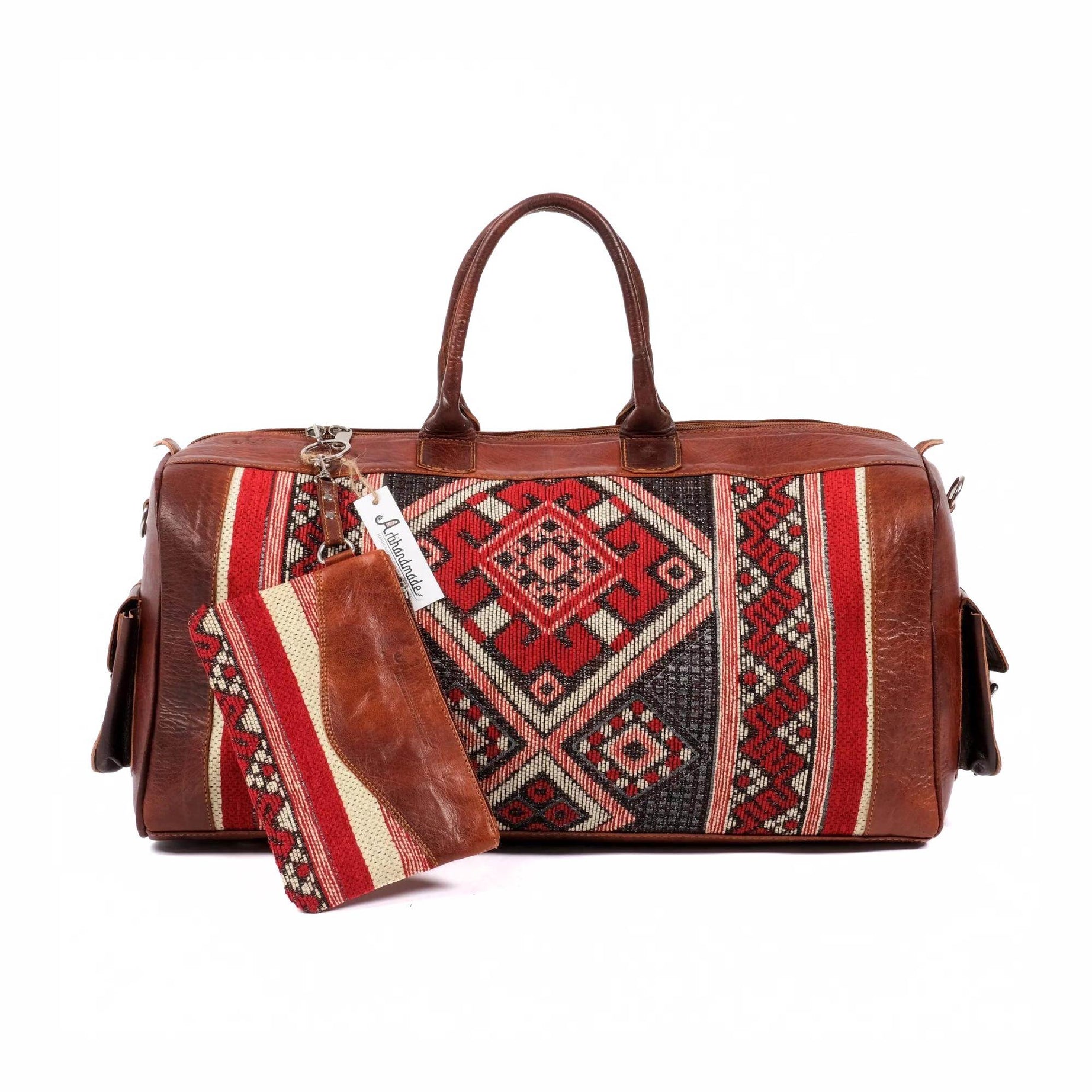 Leather Kilim Travel Bag With Wallet - Cognac And Almond Leather