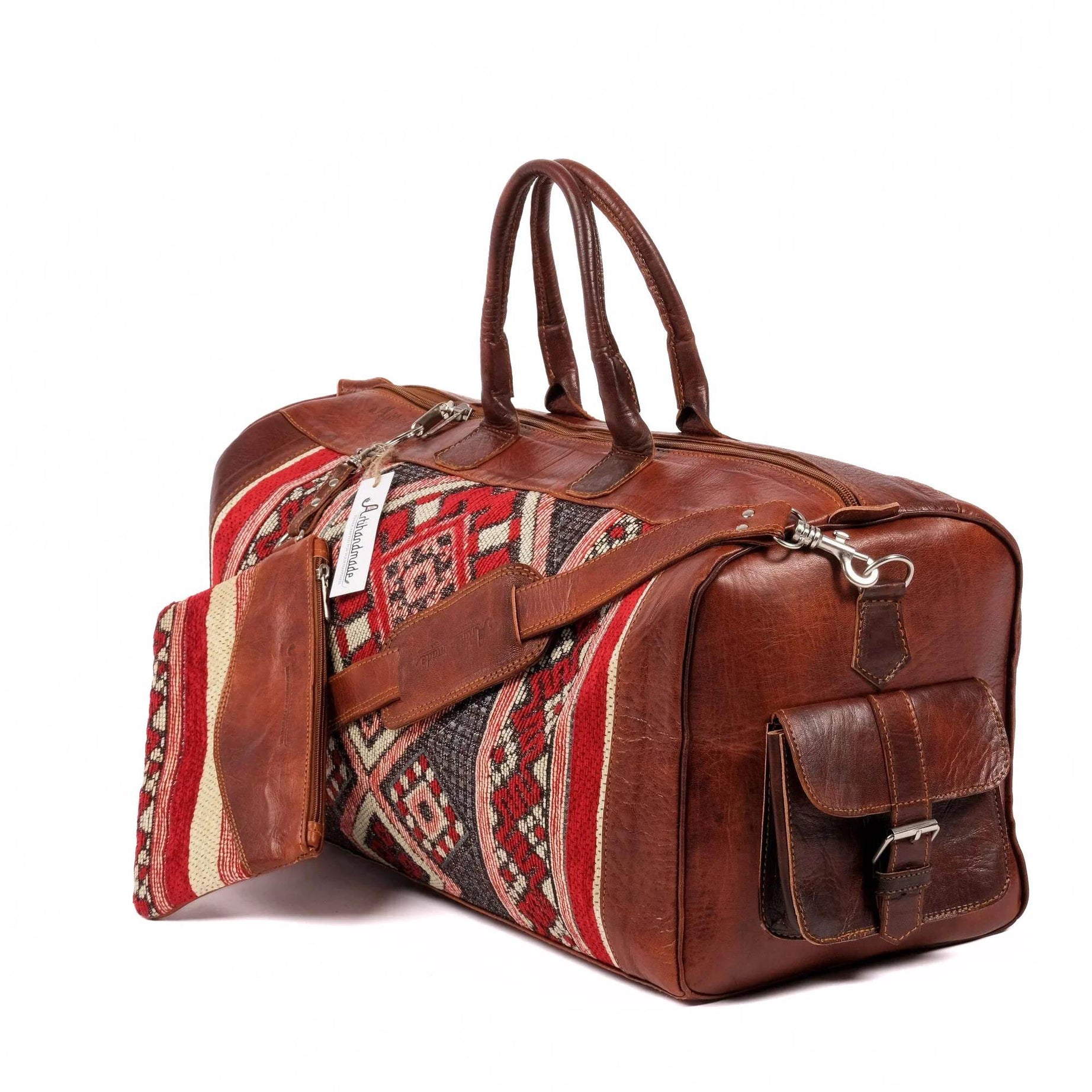 Leather Kilim Travel Bag With Wallet - Cognac And Almond Leather