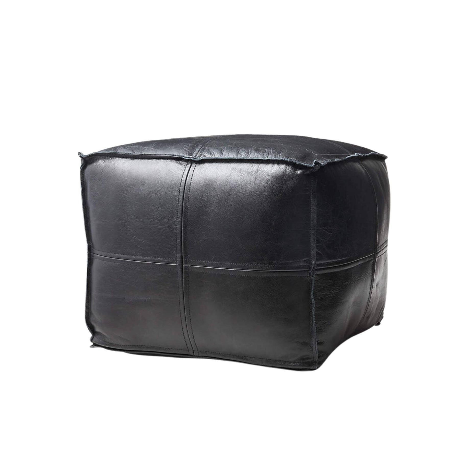Premium Square Moroccan Black Leather Pouf