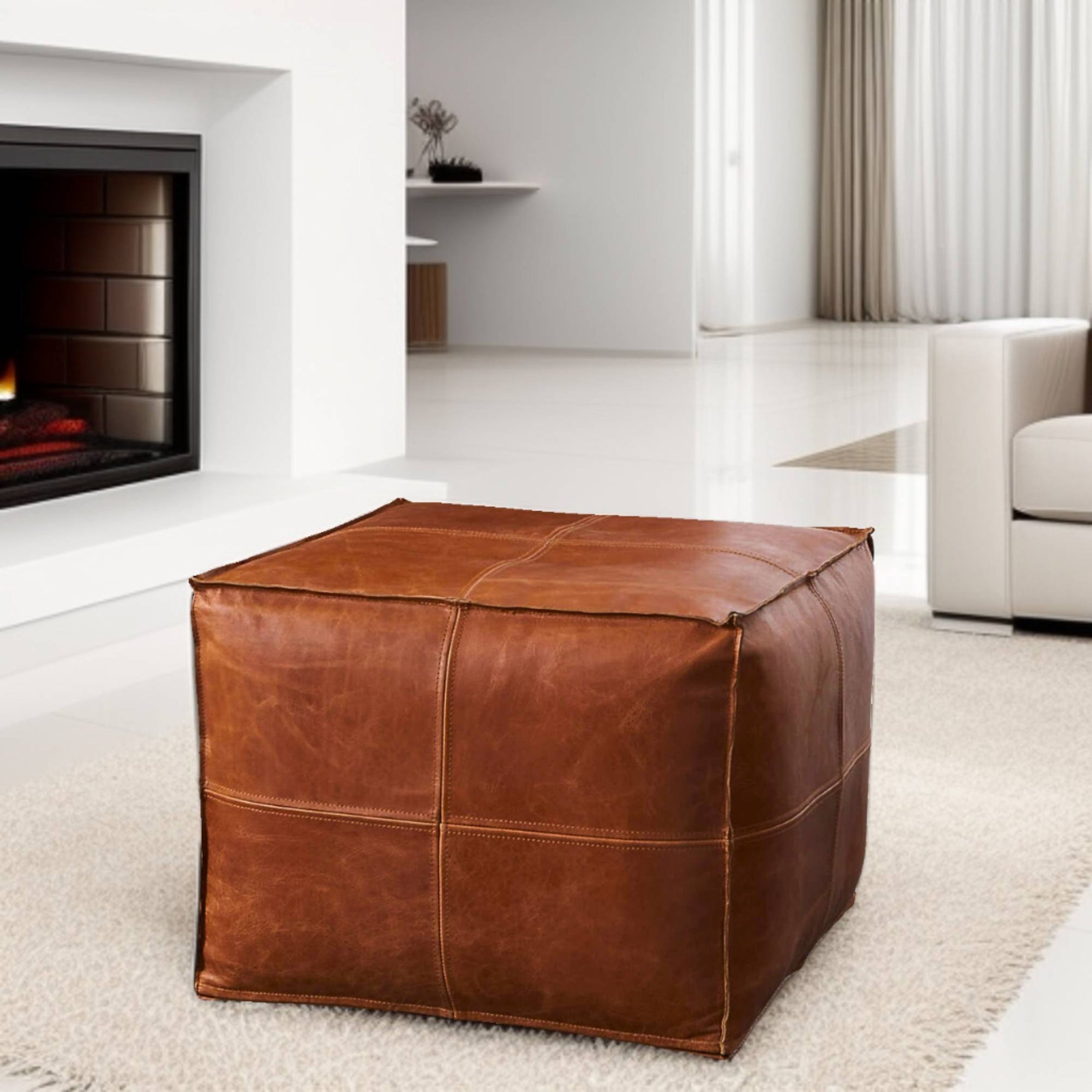 Premium Square Leather Pouf - Five Color Variations