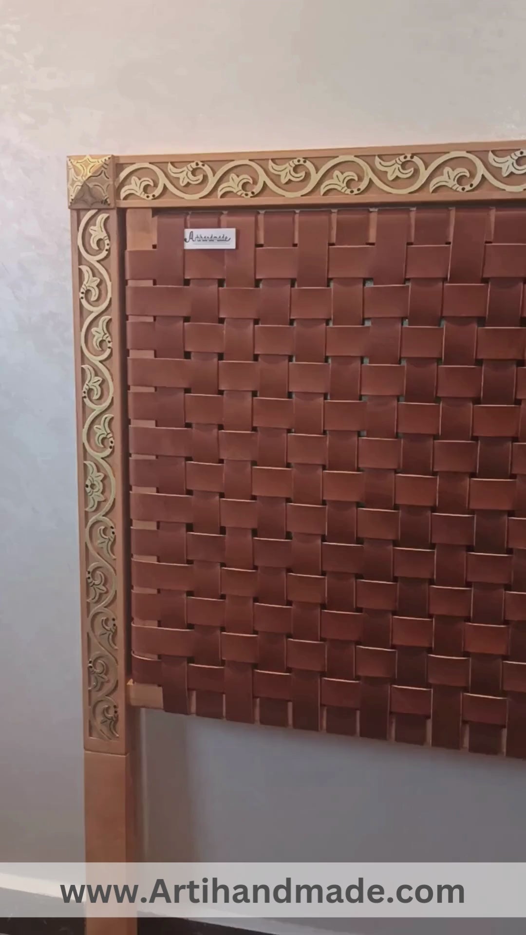 Exclusive luxury Leather Headboard - Frame Carved Leaf with Gold-painted & woven Strap leather