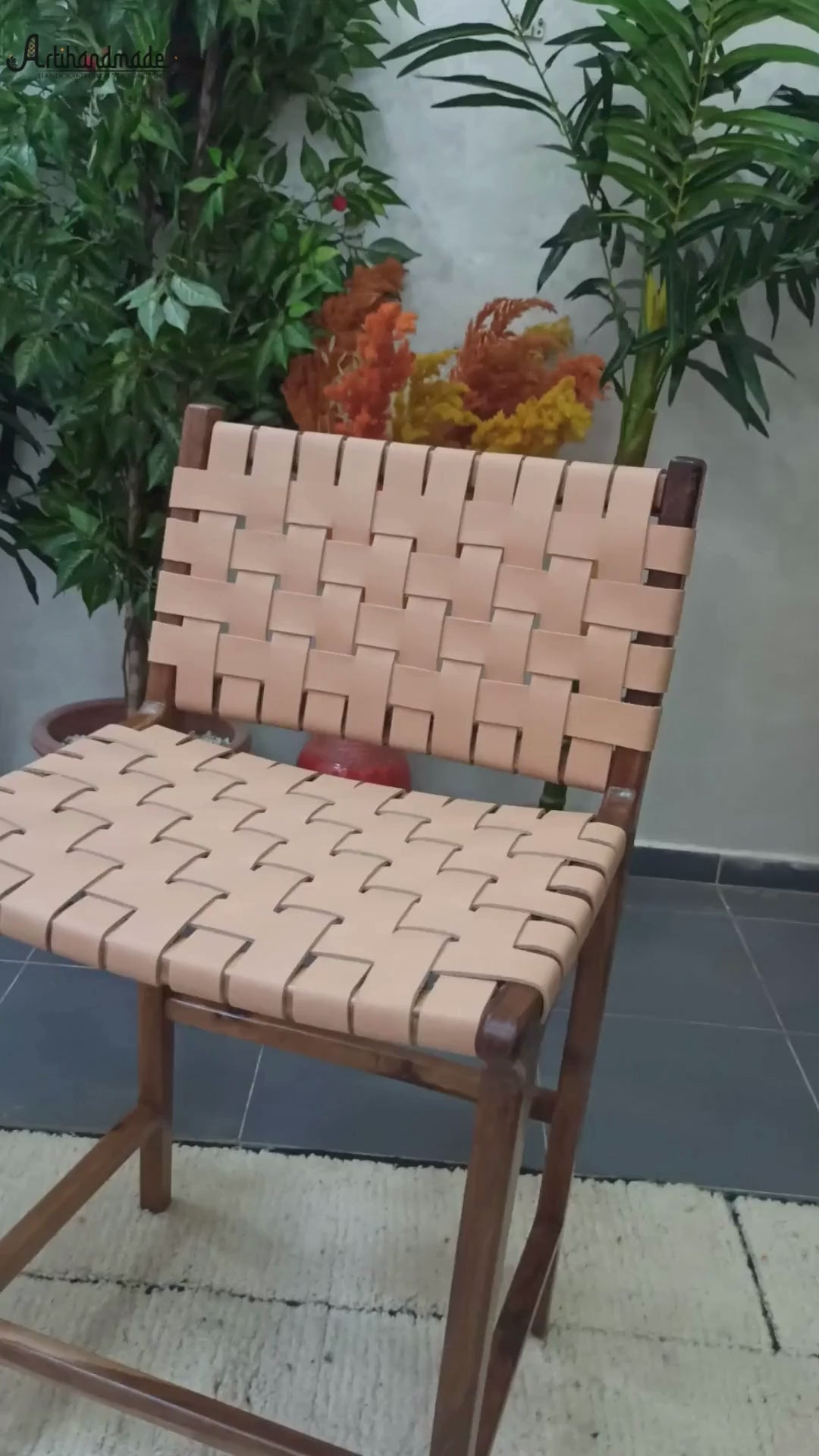 Walnut Counter Stools, Natural Teak Wood With beige Leather.
