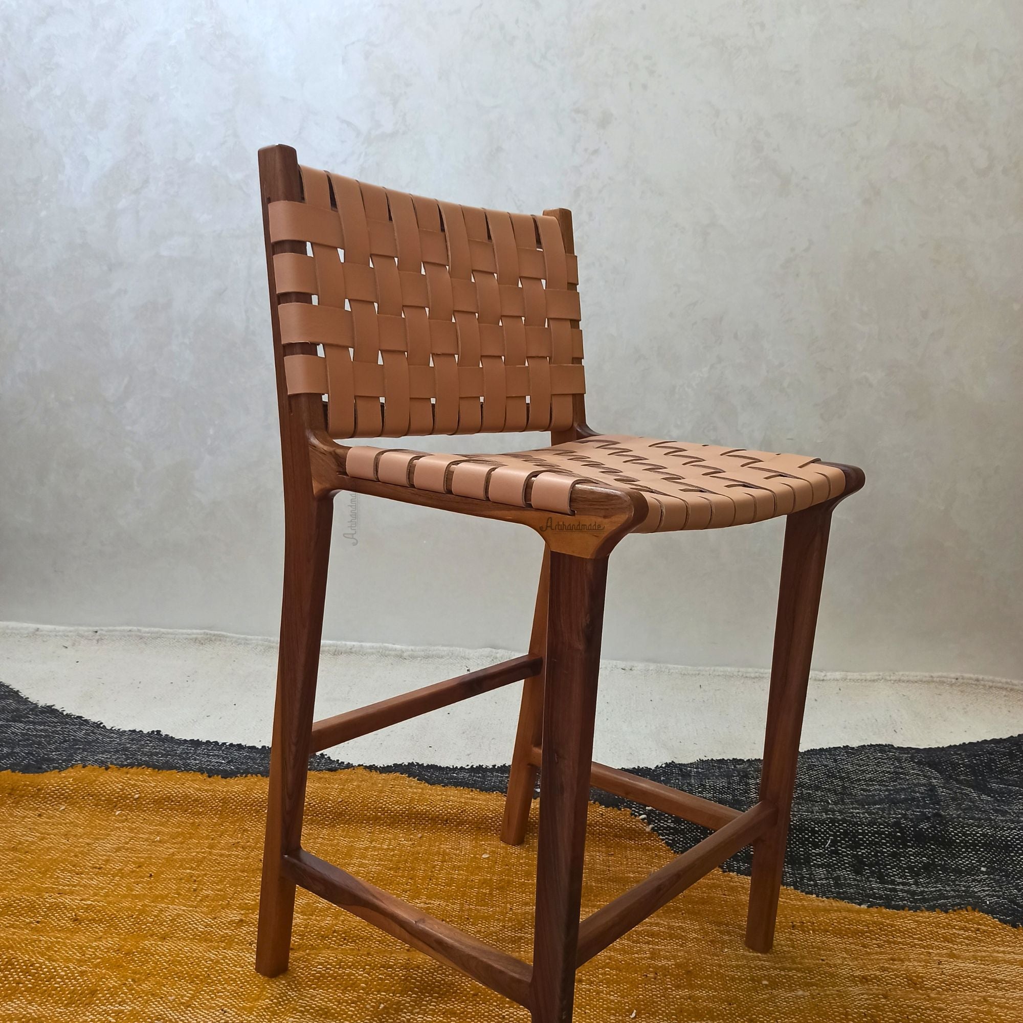 Walnut Counter Stools, Natural Teak Wood With beige Leather.