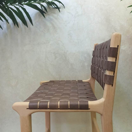 Leather Strap Counter Stool - Natural Teak Wood With Drak Brown Leather