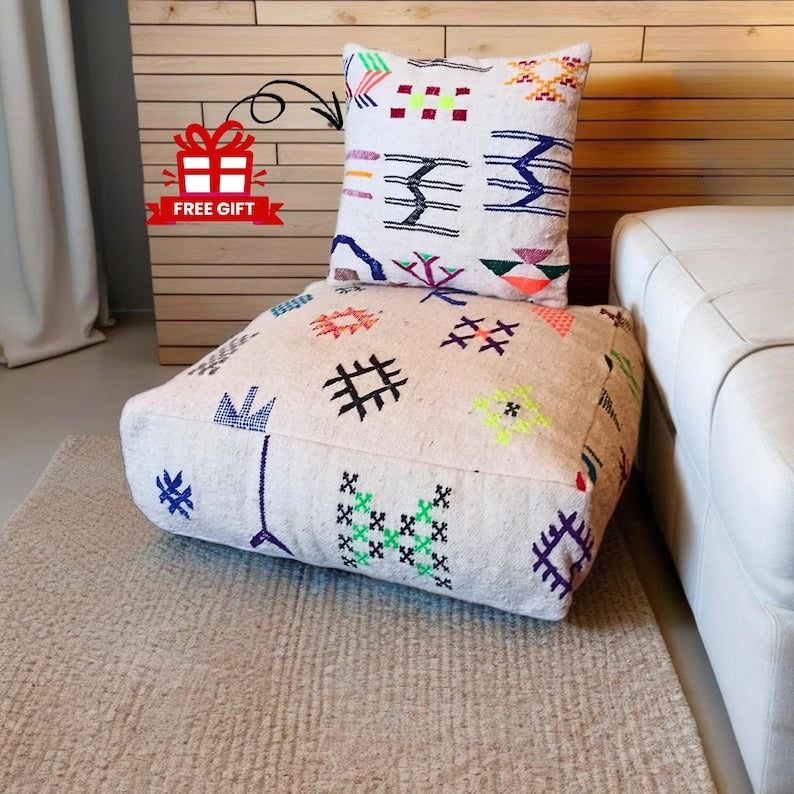 Set of two large, square Kilim poufs.