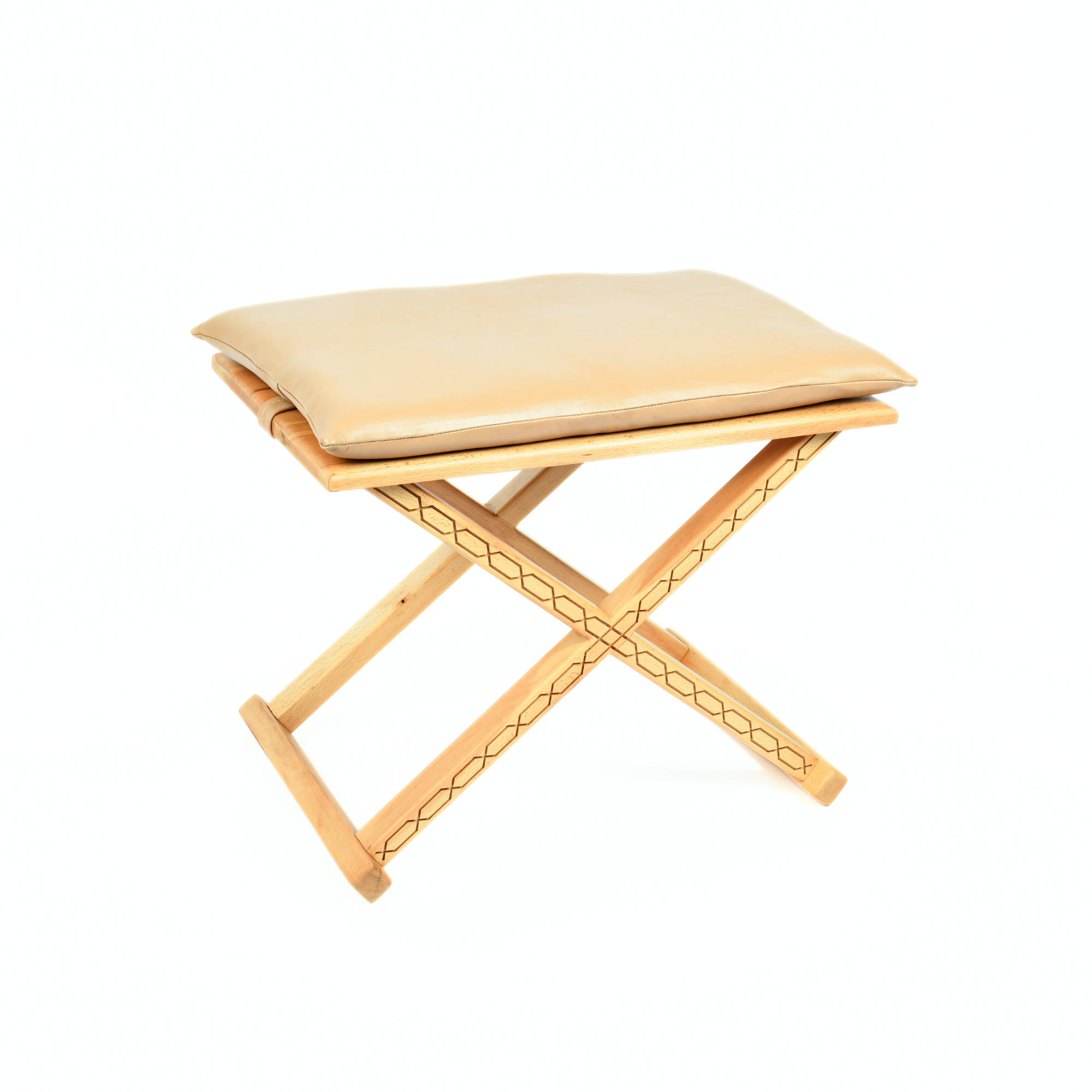 Vintage X Stool Varnished Wood With Beige Leather Cushion