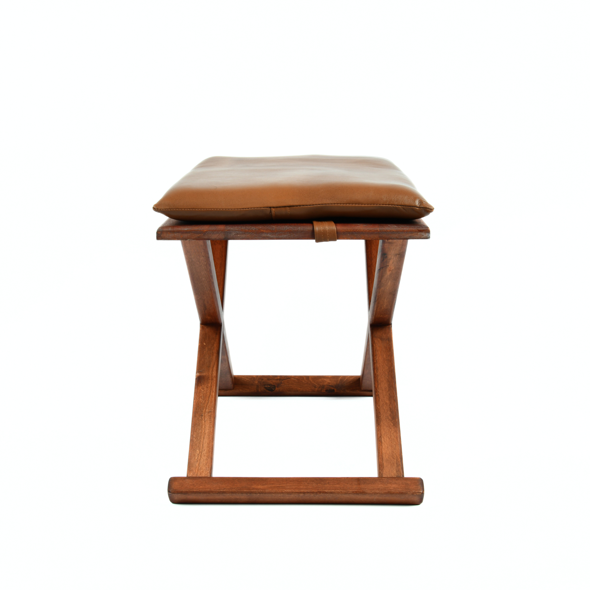Handcrafted Brown Wood Stool With Brown Leather Cushions
