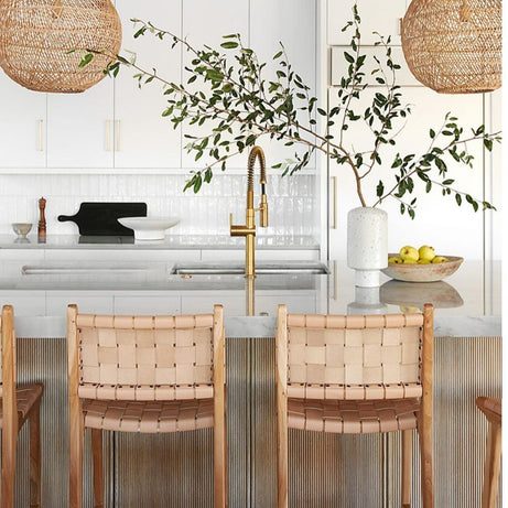 Leather Counter Stool - Natural Teak Wood With Natural Leather