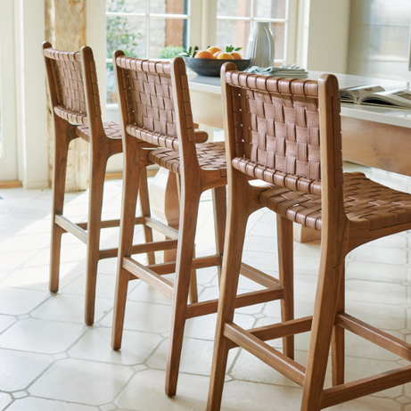 Leather Woven Strap Counter Stool - Natural Teak Wood With Beige Leather