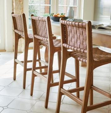 Leather Woven Strap Counter Stool - Natural Teak Wood With Beige Leath ...