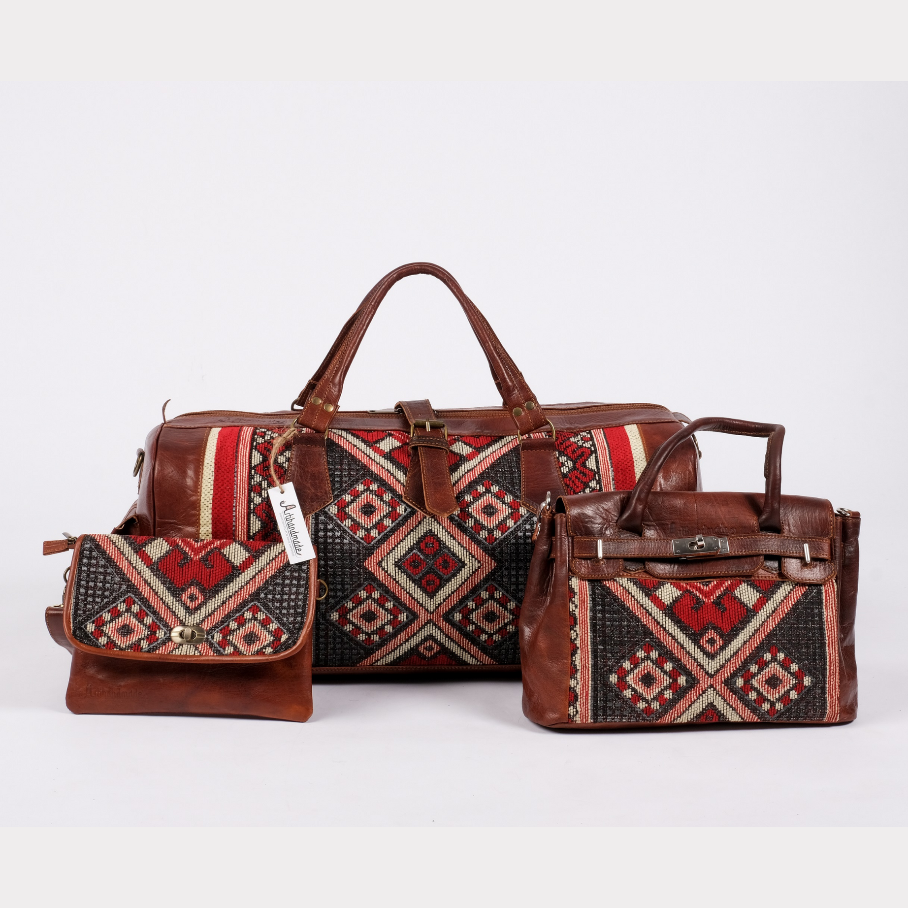Premium Set of 3 Leather Kilim Travel Bags - Unique and Stylish