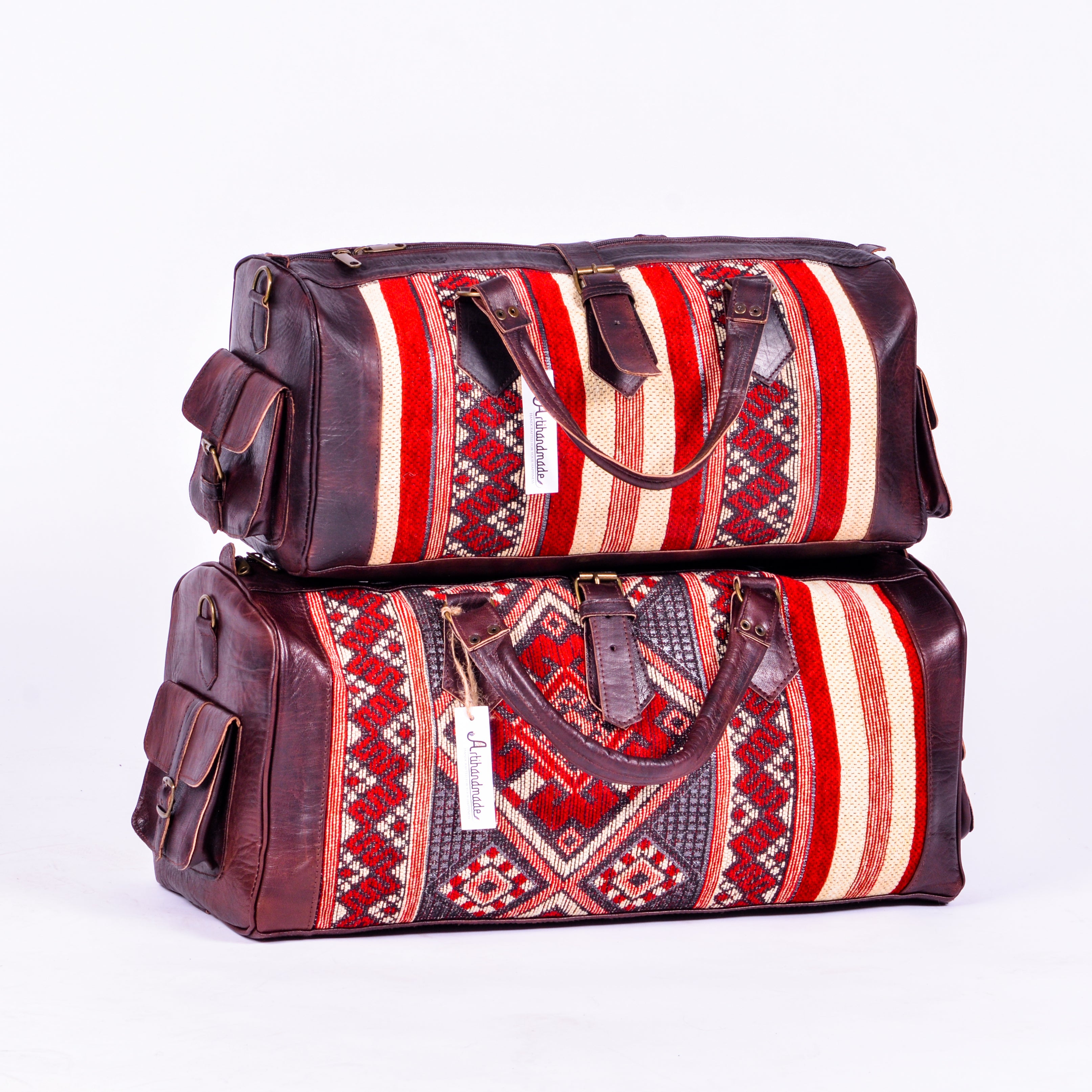 Set Of 2 Duffel Bags Kilim And Leather - Large With Medium